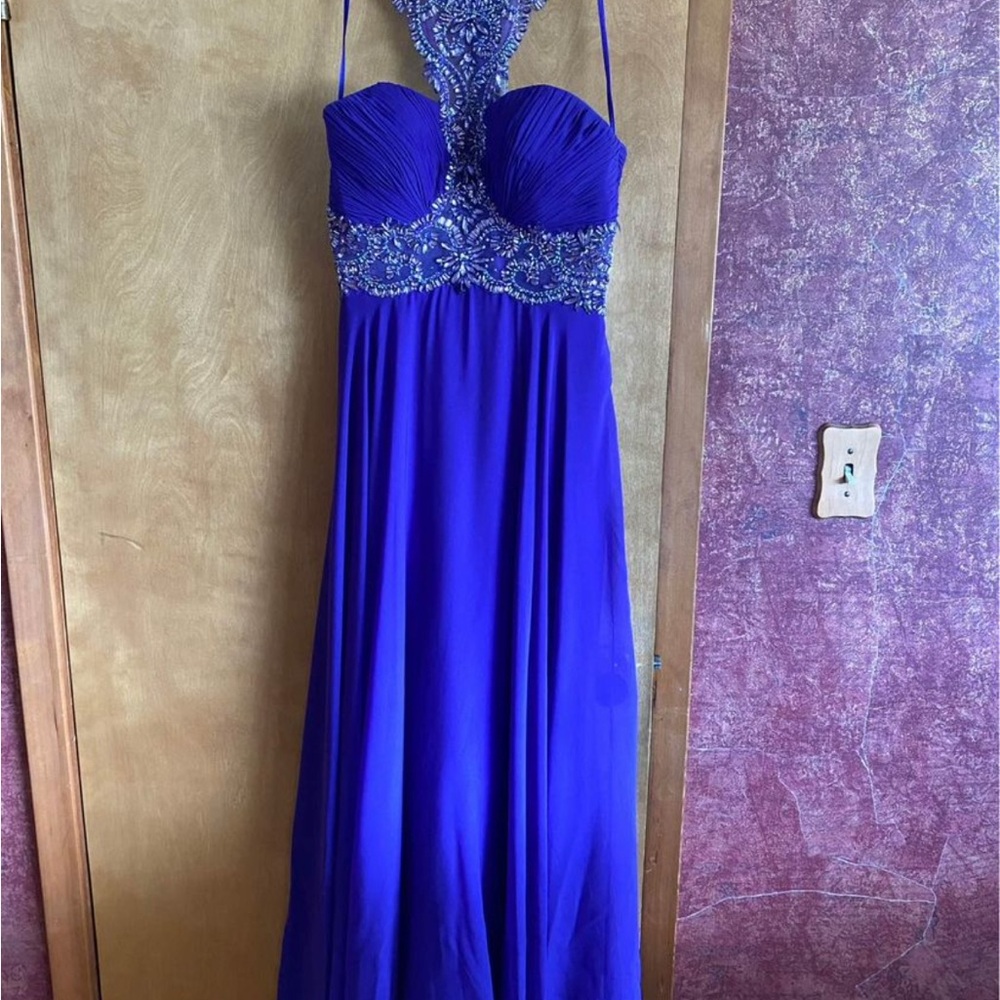 Blueish purple Embellished Halter Prom Gown